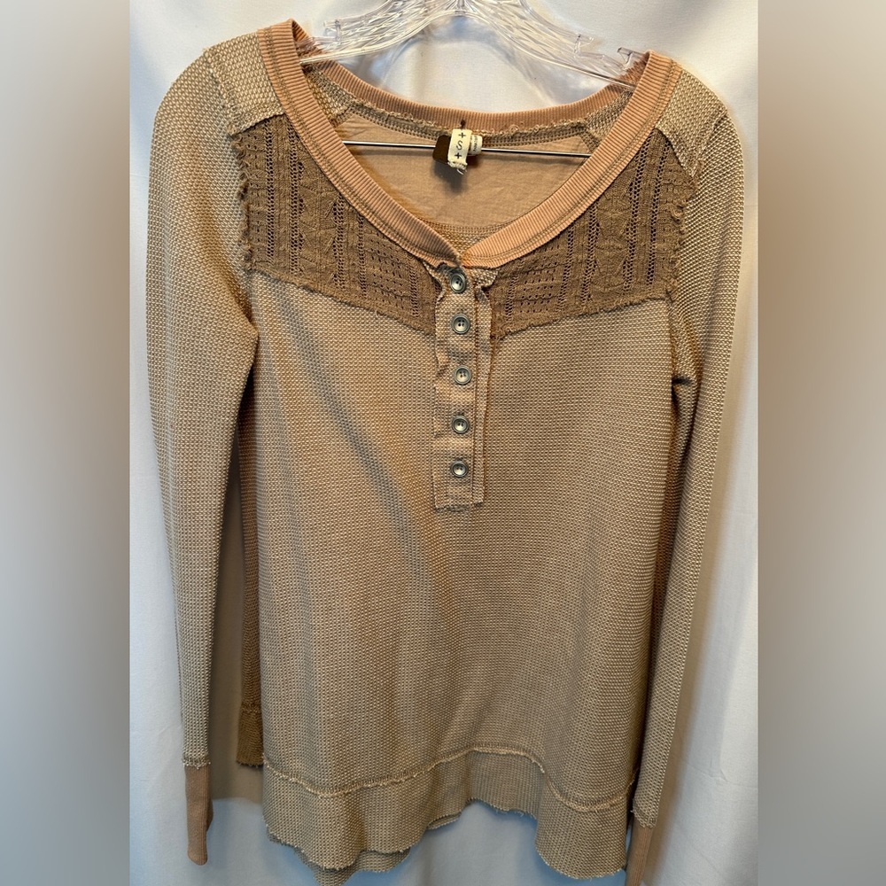 We The Free Small P Long‎ Sleeve Top Lace Waffle Henley Tan Flare Bottom